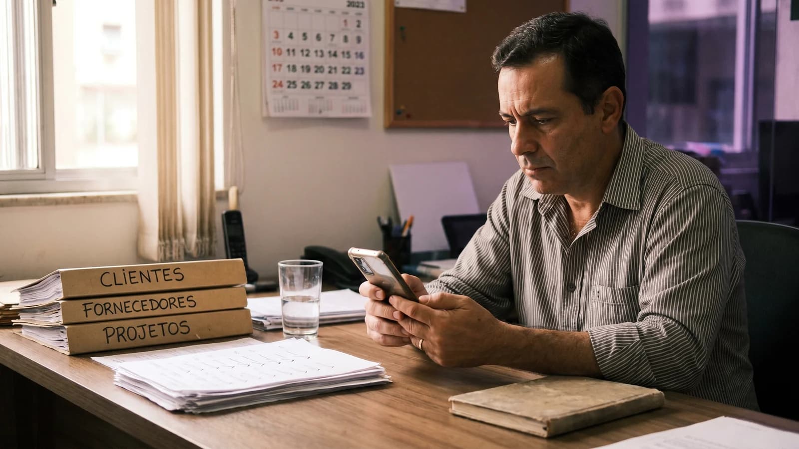 Empresário sentado à mesa do escritório respondendo aprovações no celular enquanto papéis se acumulam ao lado