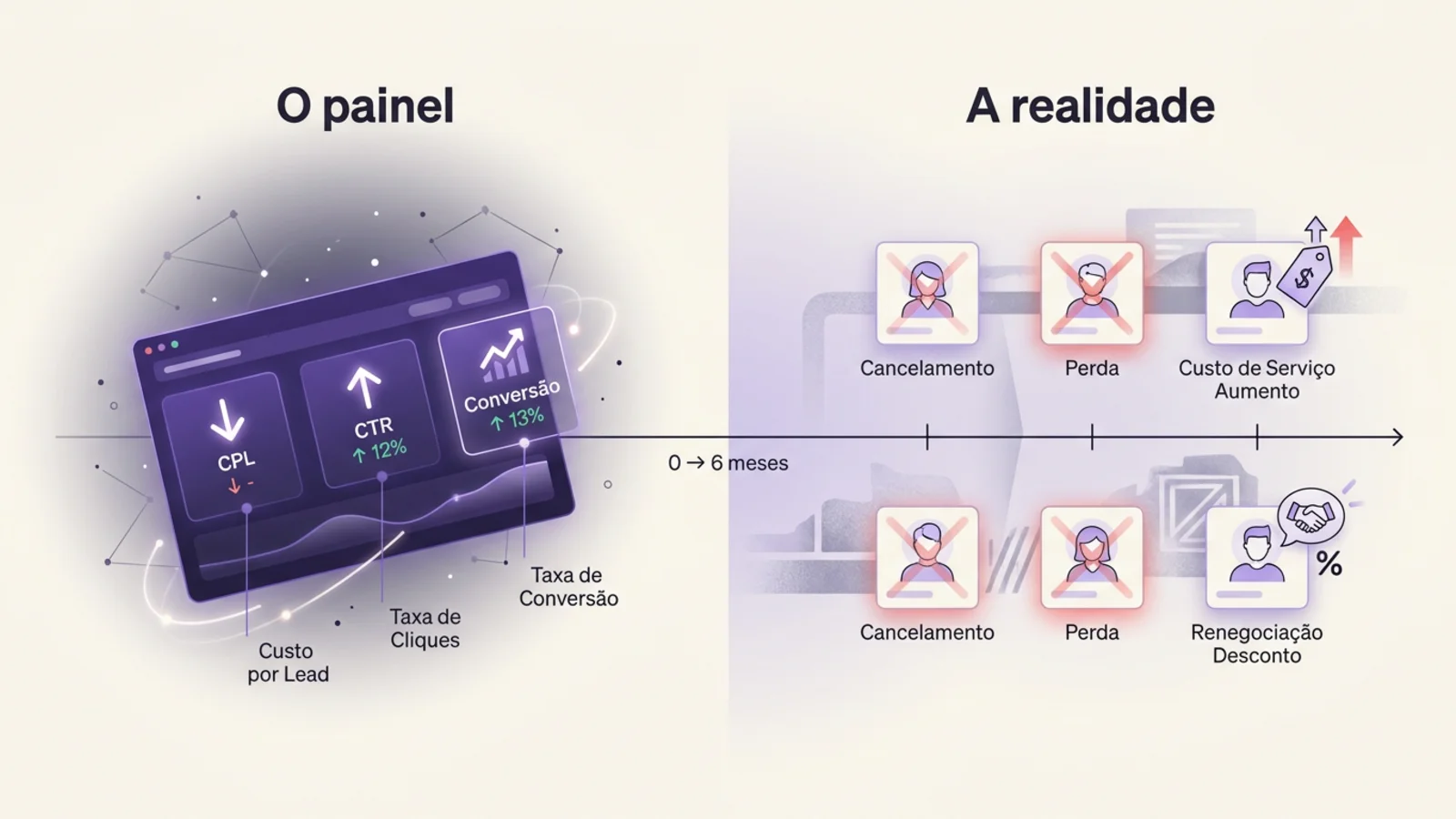 Comparação editorial entre o painel de gerenciador de ads de uma PME e a realidade da carteira de clientes seis meses depois, mostrando divergência entre métrica de campanha e receita líquida