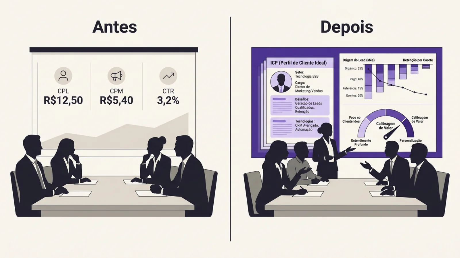 Visualização editorial comparando reunião de marketing baseada em métrica de campanha e reunião reorientada por ICP escrito e cohort por origem