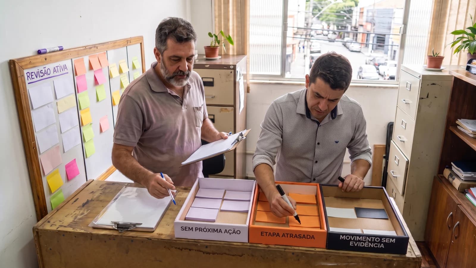Gestor e vendedor revisando exceções e evidências num pipeline físico