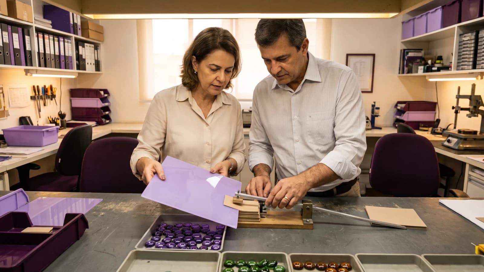 Gestores testando cartões de exceções em uma bancada com critérios de prontidão e sinais de aprovação