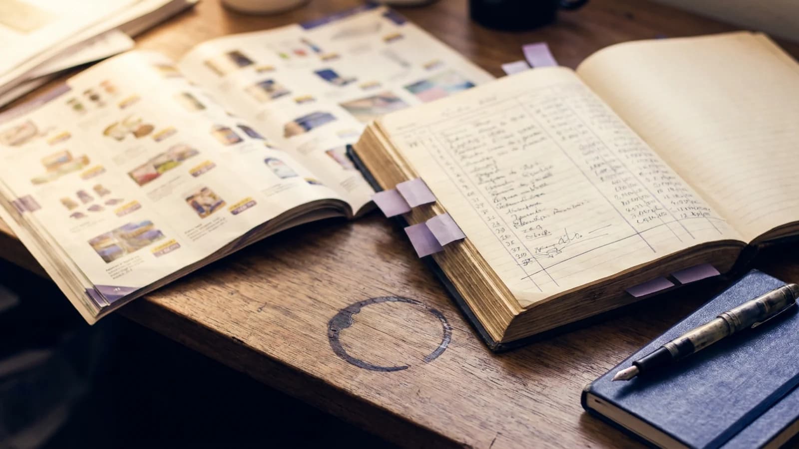 Mesa com catálogo de produtos aberto, ledger de clientes com colunas manuscritas, marcadores coloridos identificando produtos não cruzados — visual de cross-sell sem mapa