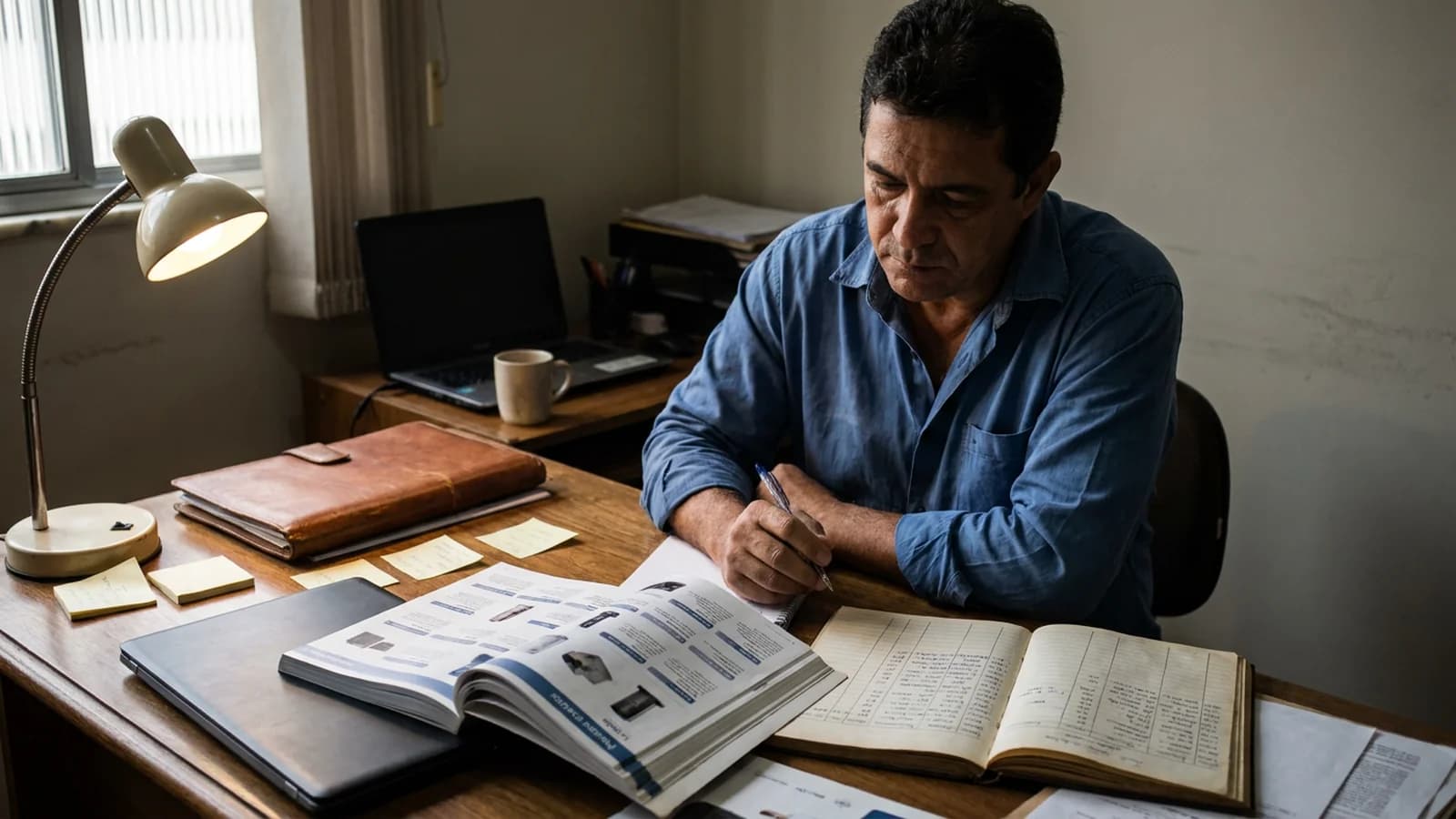 Operador de PME revisando catálogo de produtos contra ledger de clientes — cross-sell por adjacência operado como setor