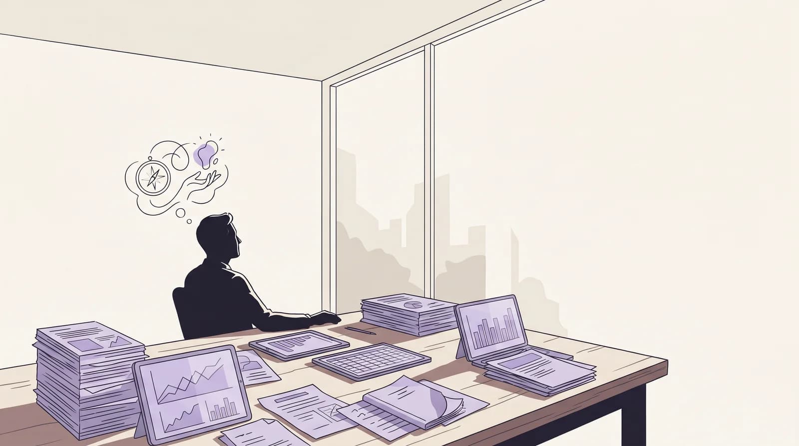Ilustração editorial de um dashboard ignorado sobre uma mesa enquanto o dono de PME decide no feeling