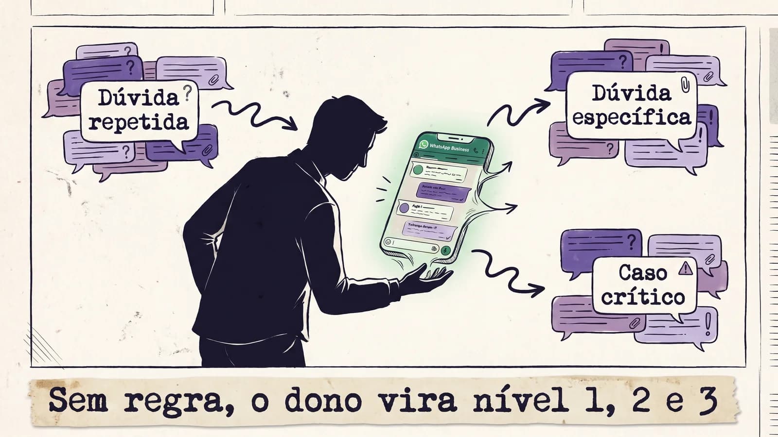 Diagrama editorial do dono de PME no centro do WhatsApp recebendo simultaneamente mensagens de três níveis de complexidade — dúvida repetida, dúvida específica e caso crítico — sem regra escrita separando o que ele deveria pegar