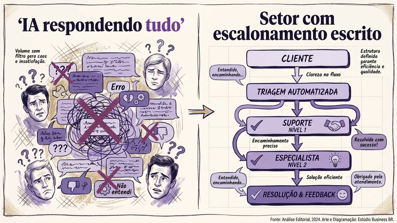 Comparativo editorial entre IA configurada para responder tudo — alucinando em nível 2 e queimando cliente em nível 3 — e setor de atendimento operado por IA com perímetro escrito de escalonamento