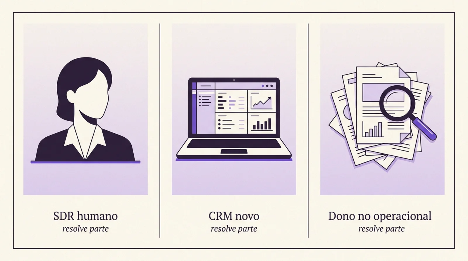 Comparativo editorial entre as três soluções incompletas para follow-up — contratar SDR, comprar CRM, virar diretor de vendas — e o que cada uma deixa de fora