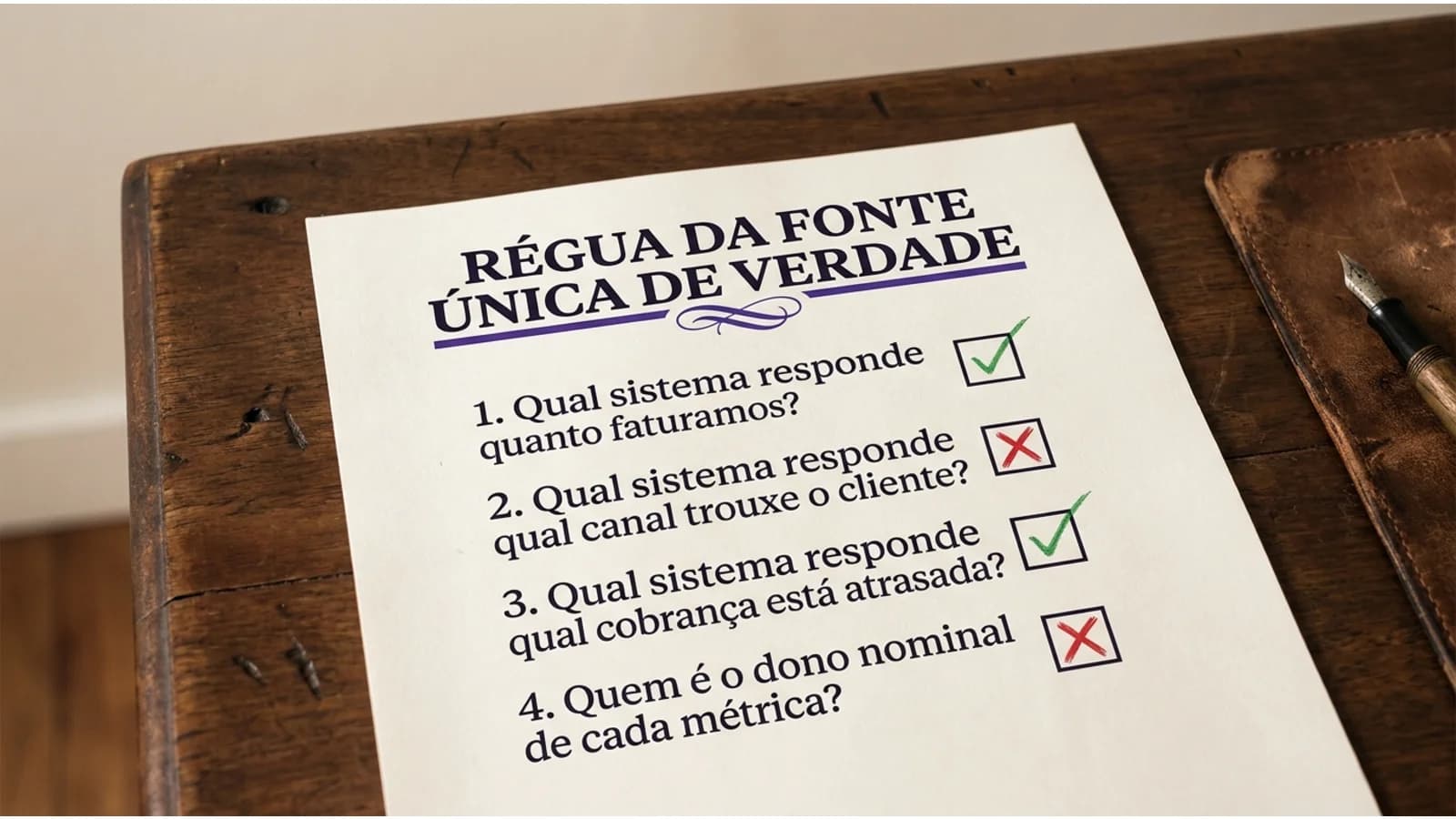 Quadro com as quatro perguntas da régua, cada uma com check verde ou alerta vermelho ao lado, simulando um diagnóstico de fonte única de verdade
