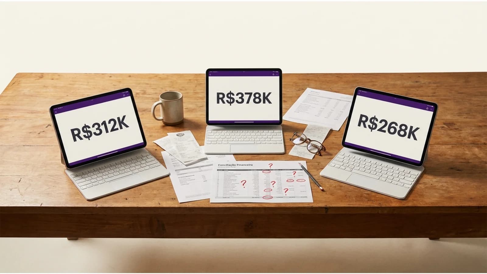 Três telas de uma PME mostrando três números diferentes para a mesma pergunta sobre faturamento do mês