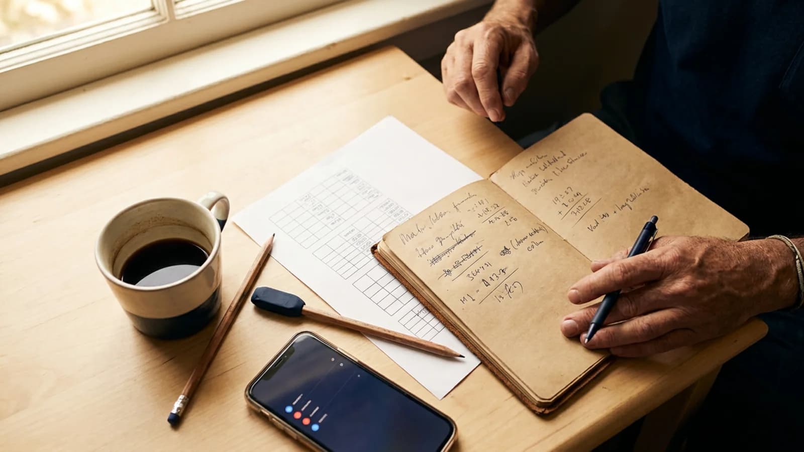Empresário sentado à mesa do escritório de PME analisando planilha de previsão com calendário do mês ao lado e celular vibrando com notificações