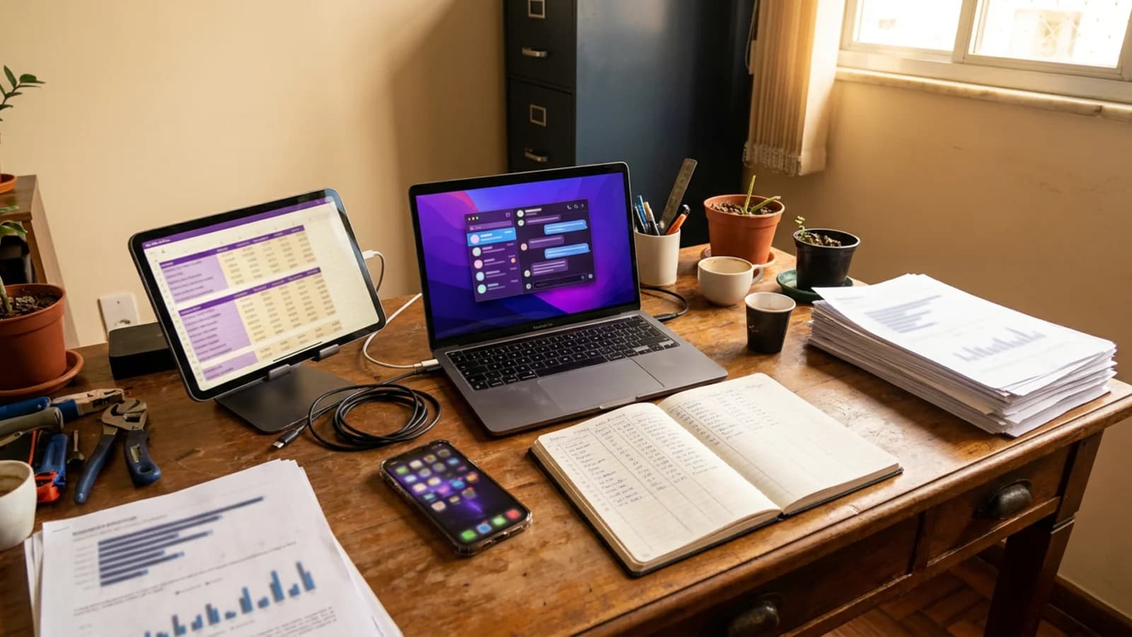 Mesa de trabalho com múltiplos dispositivos abertos — WhatsApp Web no notebook, planilha com previsão de vendas, celular com mensagens e caderno de anotações