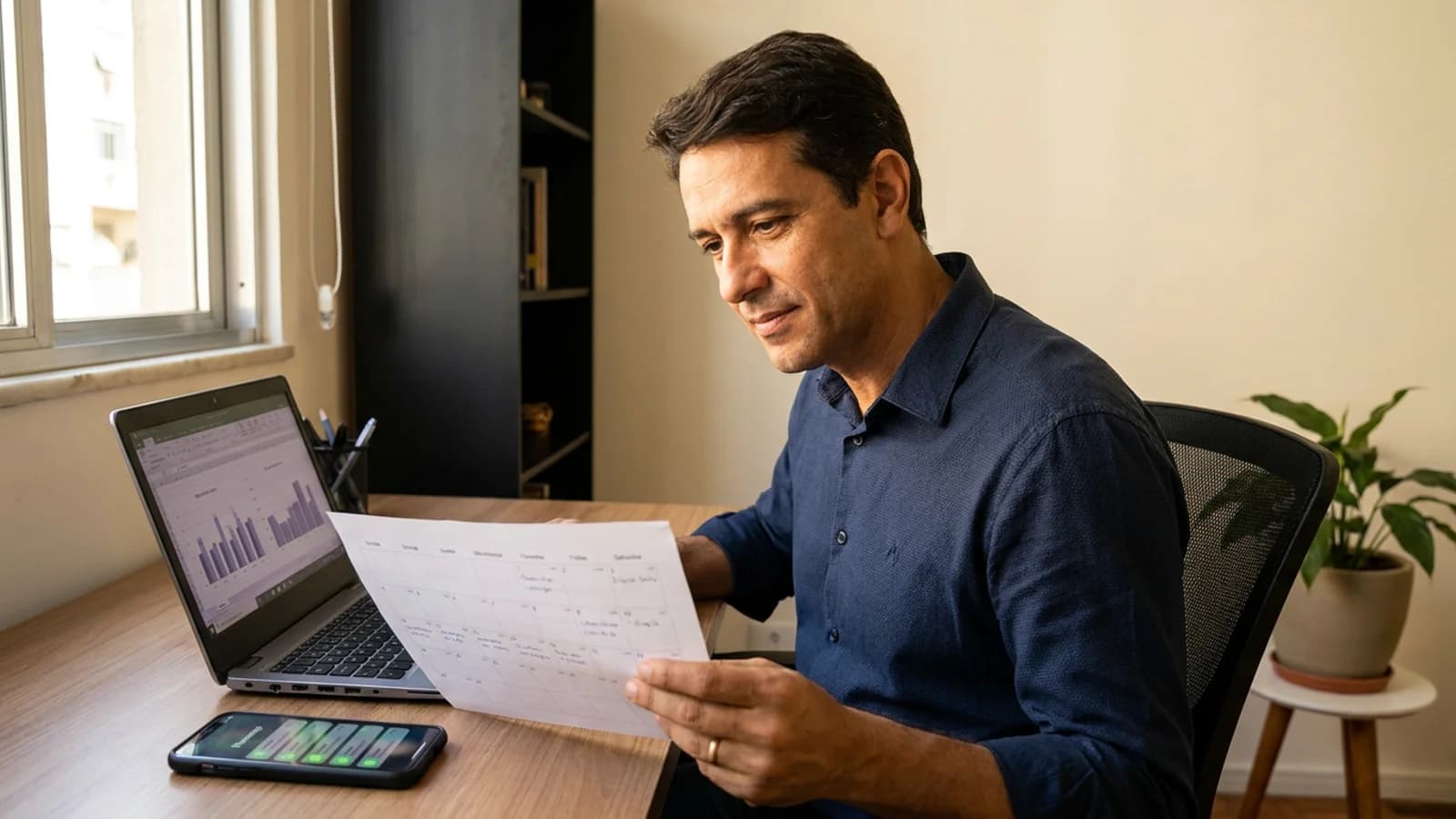 Empresário de PME em frente a planilha do mês com calendário marcado e celular vibrando