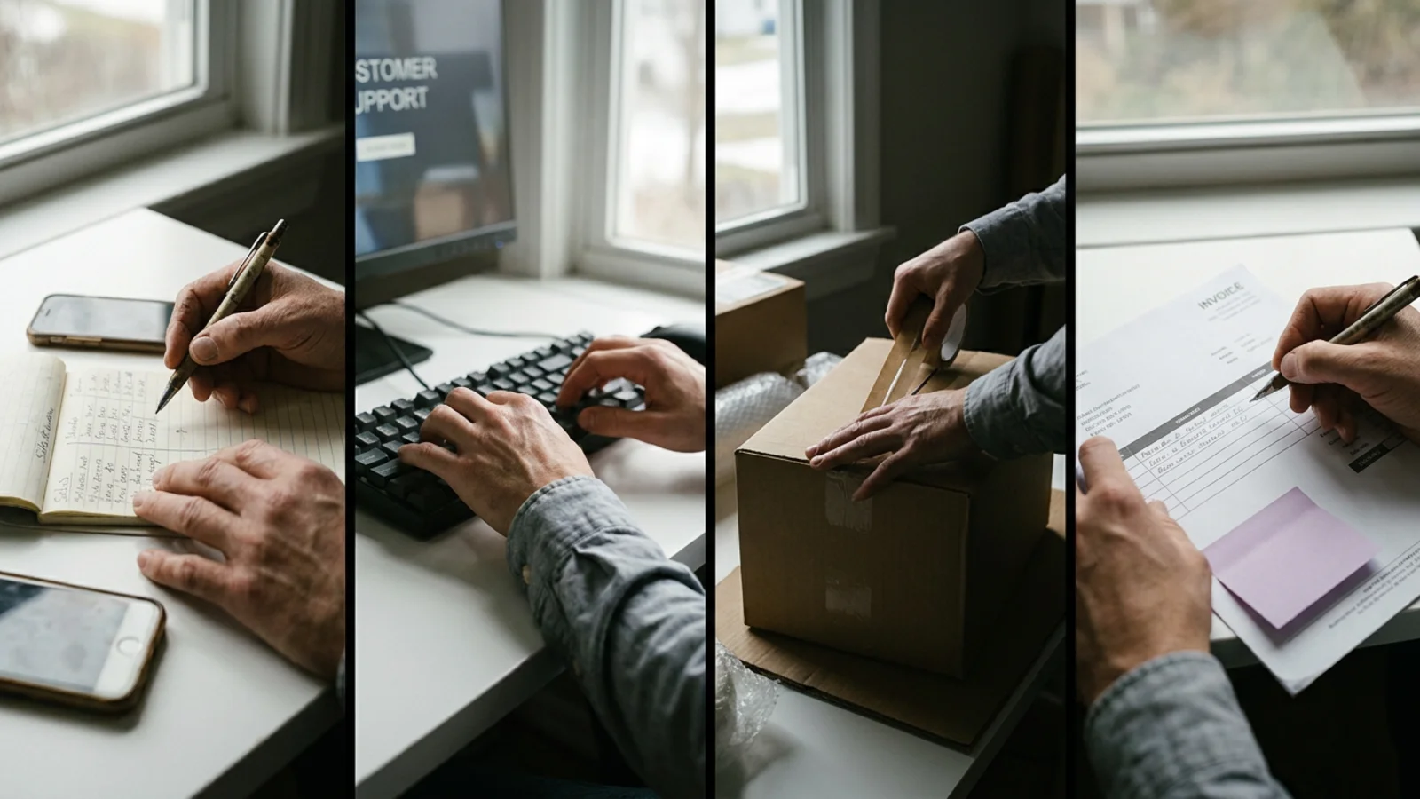 Diagrama dos quatro pares de handoff — marketing-vendas, vendas-atendimento, atendimento-operações, operações-financeiro — com setas tracejadas marcando cada fronteira