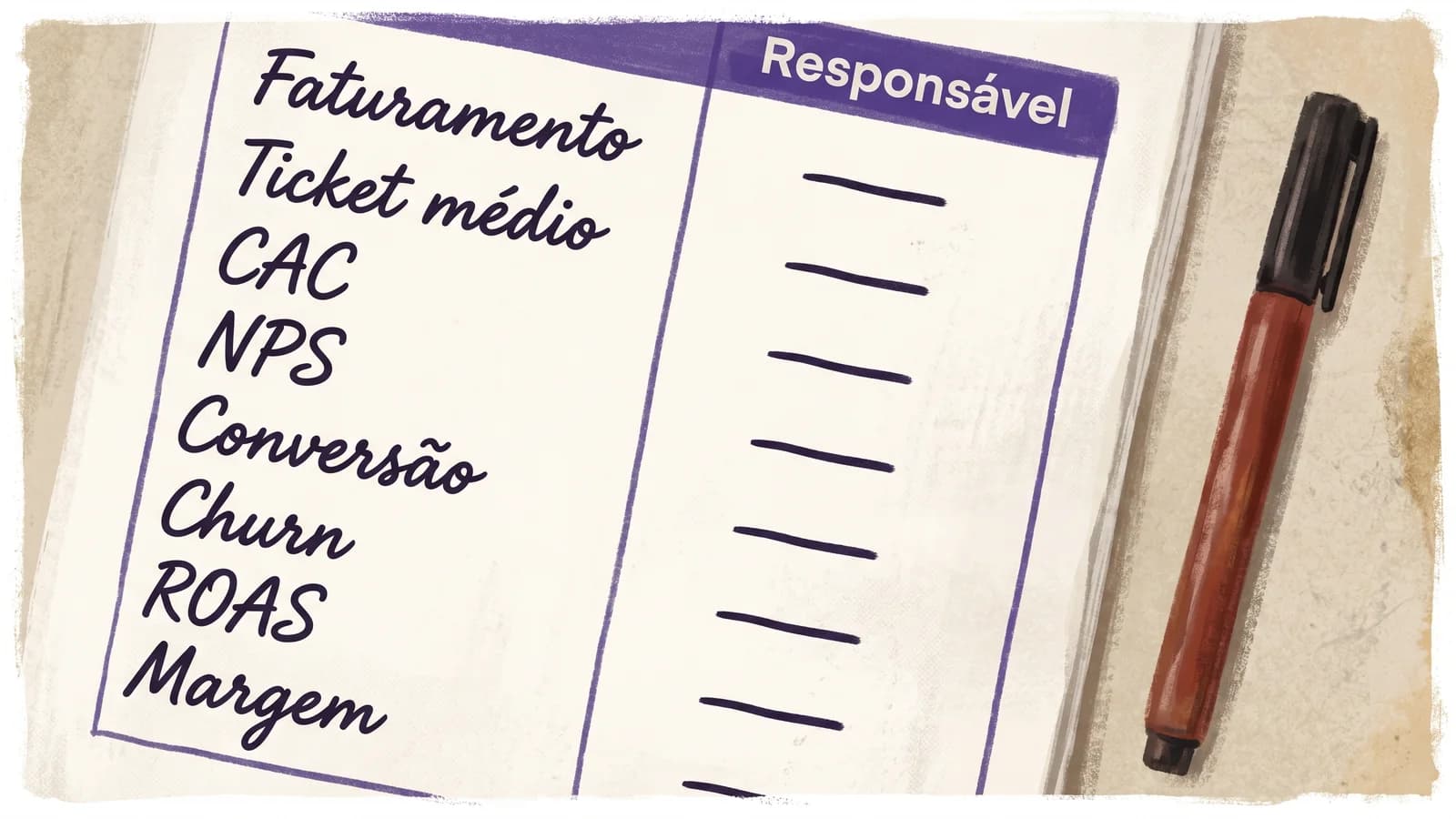 Quadro editorial com várias métricas listadas e o espaço de responsável em branco