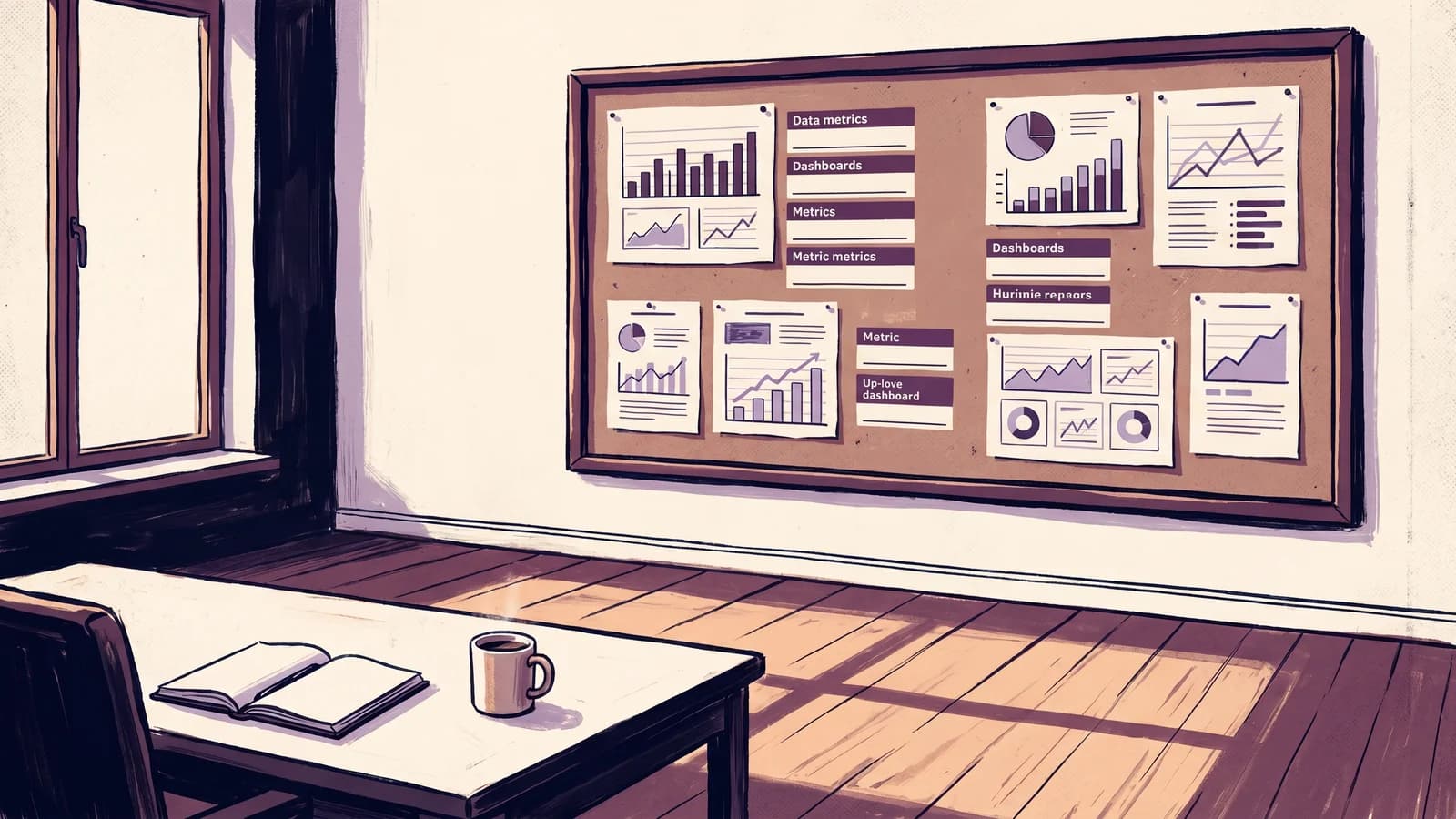 Ilustração editorial de um quadro de métricas cheio de gráficos sem nome de responsável ao lado