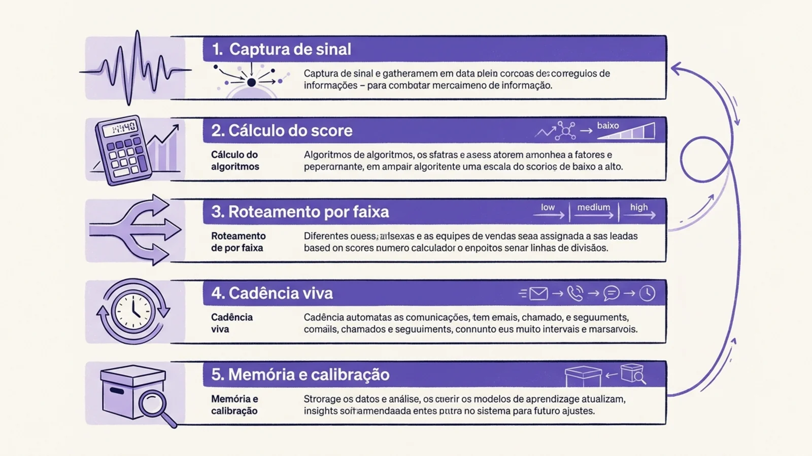 Diagrama editorial das cinco camadas do setor de vendas operado por IA — captura de sinal, cálculo de score, roteamento por faixa, cadência viva, memória semanal