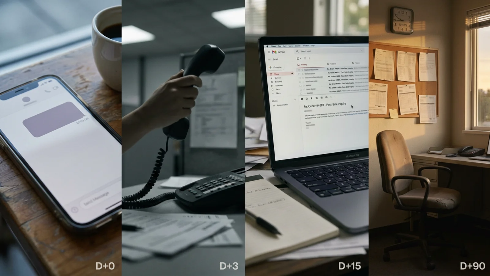 Diagrama dos 4 momentos onde a memória do cliente morre na PME — D+0, D+3, D+15, D+90