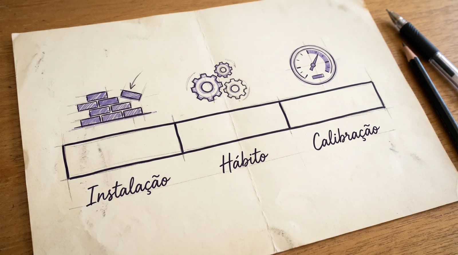 Linha do tempo de 12 semanas dividida em três blocos de quatro semanas com instalação, hábito e calibração de mensuração de marketing em PME