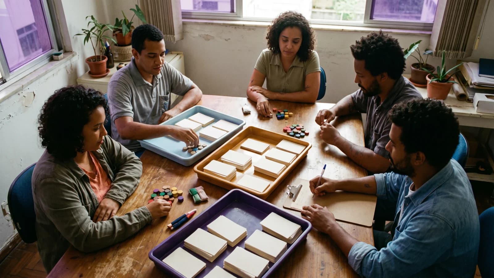 Equipe pequena revisando fichas de atendimento separadas em três bandejas sem perder o histórico