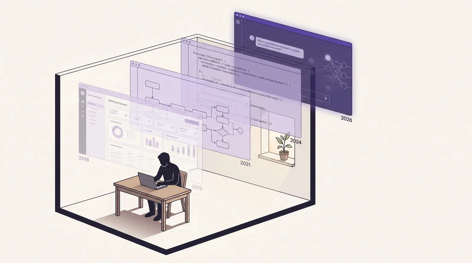 Quatro ferramentas digitais abandonadas em série dentro de um negócio — CRM, ferramentas conectadas sem código, código sob medida e IA