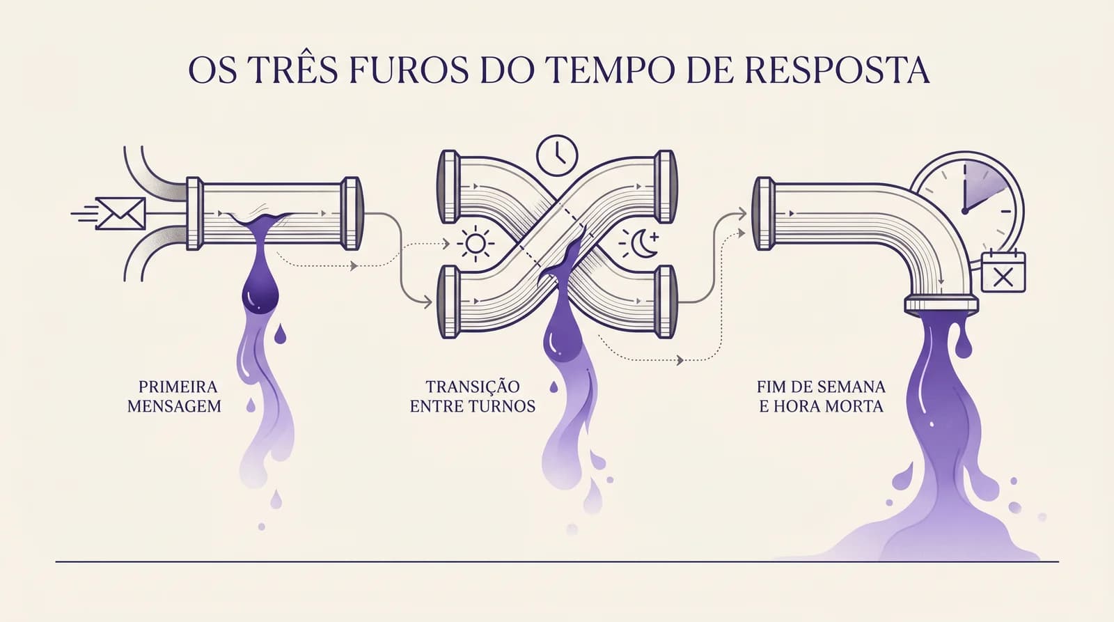 Diagrama editorial mostrando os três furos do tempo de resposta na PME — primeira mensagem do lead novo, transição entre turnos e canais, fim de semana e hora morta — com indicação visual de onde cada furo vaza.