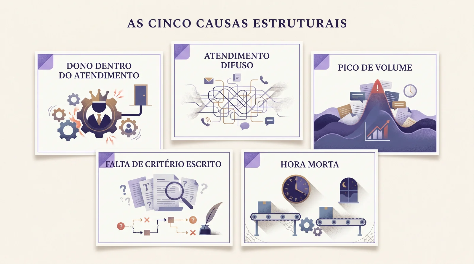 Mapa editorial das cinco causas do tempo de resposta lento na PME — atendimento difuso, pico de volume, hora morta, falta de critério escrito e o dono dentro do atendimento — organizadas em estrutura visual de diagnóstico.